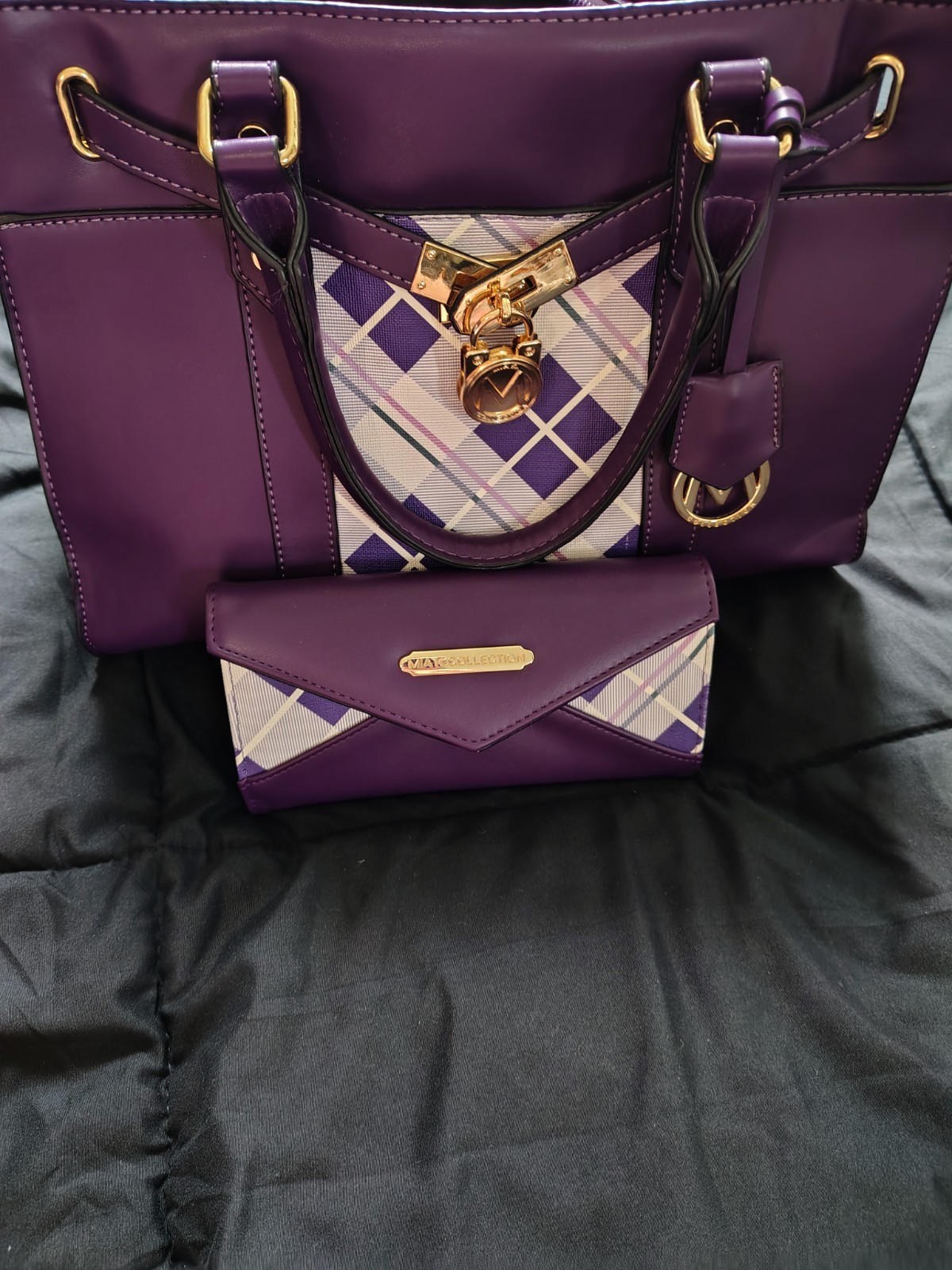 Michael Kors Collection Purple Plaid Medium Satchel Zip w/ Coin Purse Charm