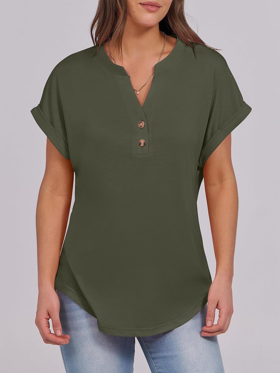 Womens Henley V Neck Short Sleeve Loose Fit Casual Summer Tunic Blouse Top