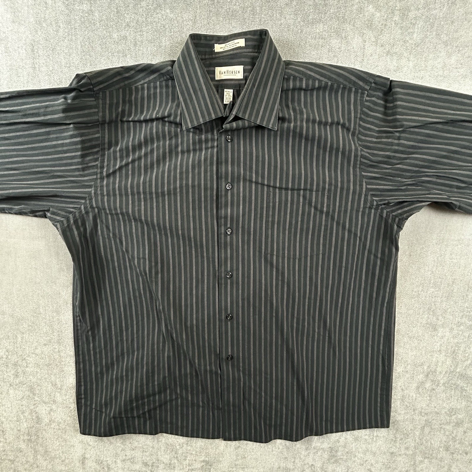 Van Heusen Broadcloth Shirt Mens 17-17.5 32/33 Black Stripe Long Sleeve Button