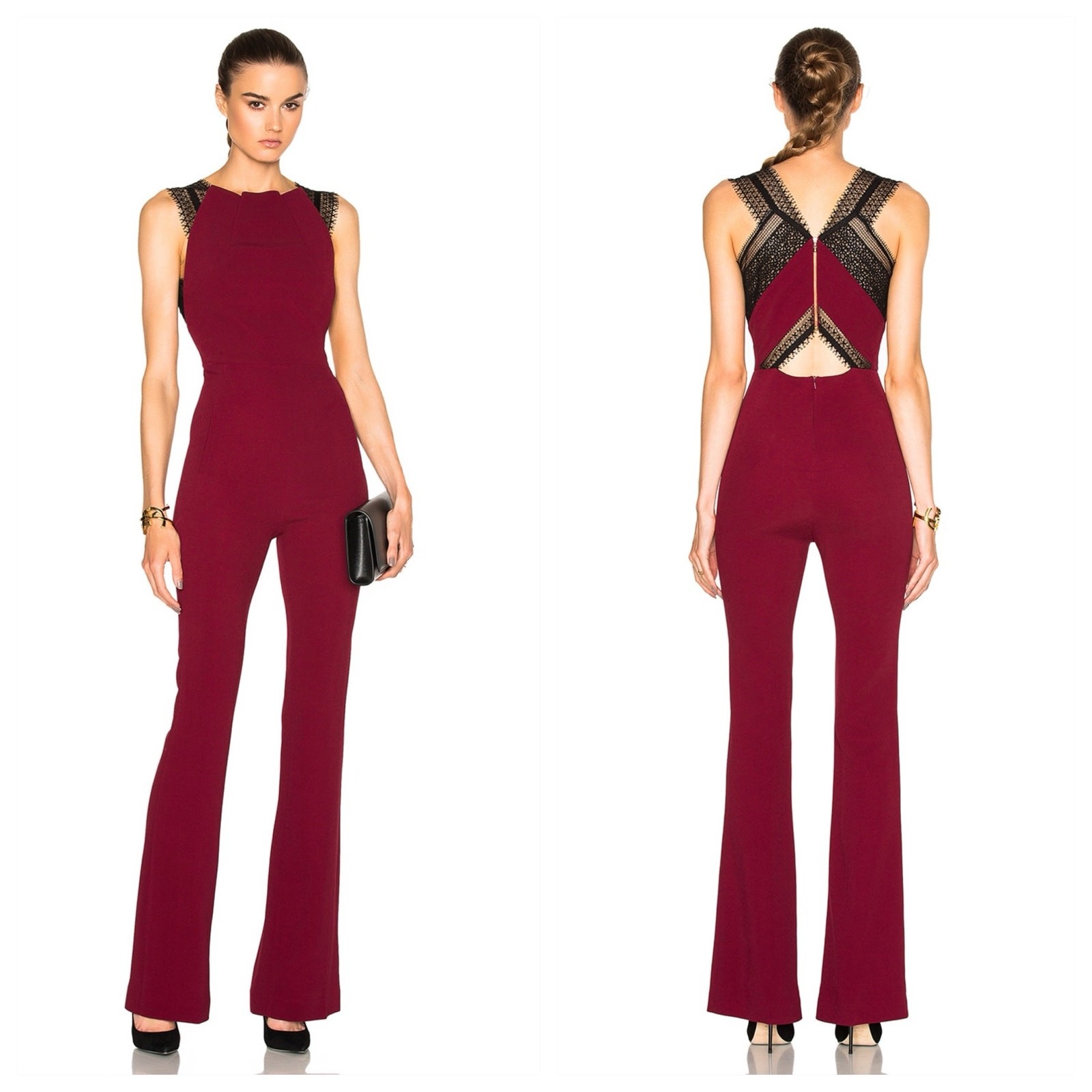 Roland Mouret Cross Double Crepe & Lace Jumpsuit (Sz FR 42) Cherry Red / Black