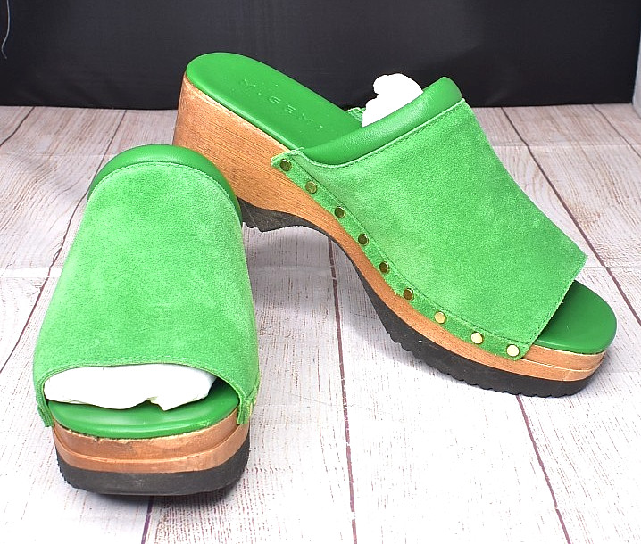 M. Gemi Wooden Wedge The Greta Sandal Clog Green Suede Size 39.5