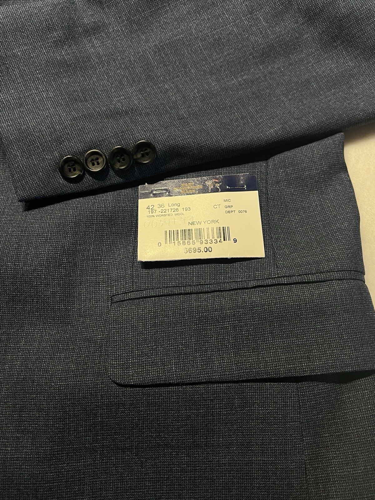 Hart Schaffner Marx New York 42L 36×32 Navy Blue Heathered Hopsack Suit