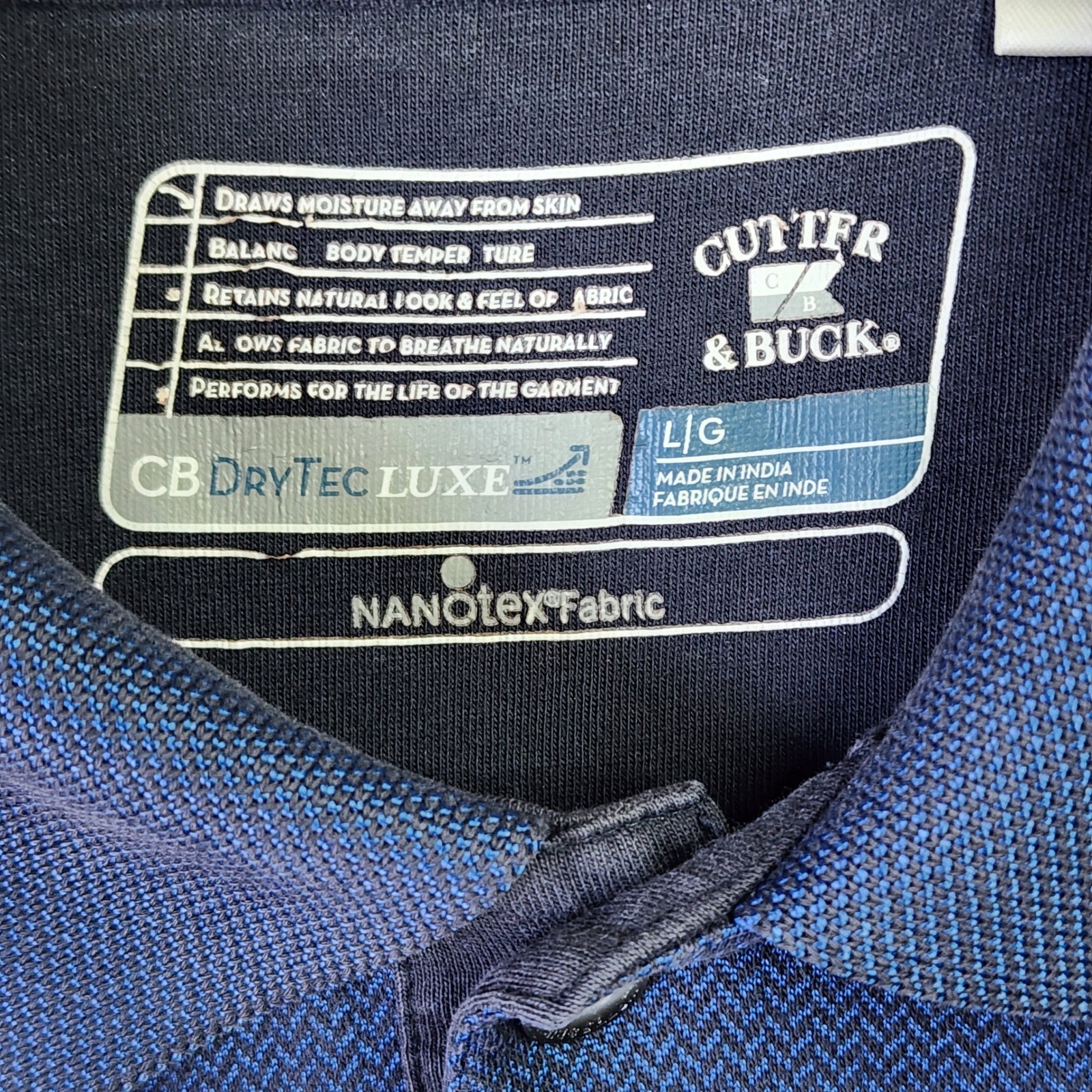 Cutter & Buck Polo Shirt Mens Large Navy Blue DryTec Luxe NanoTex Excellent