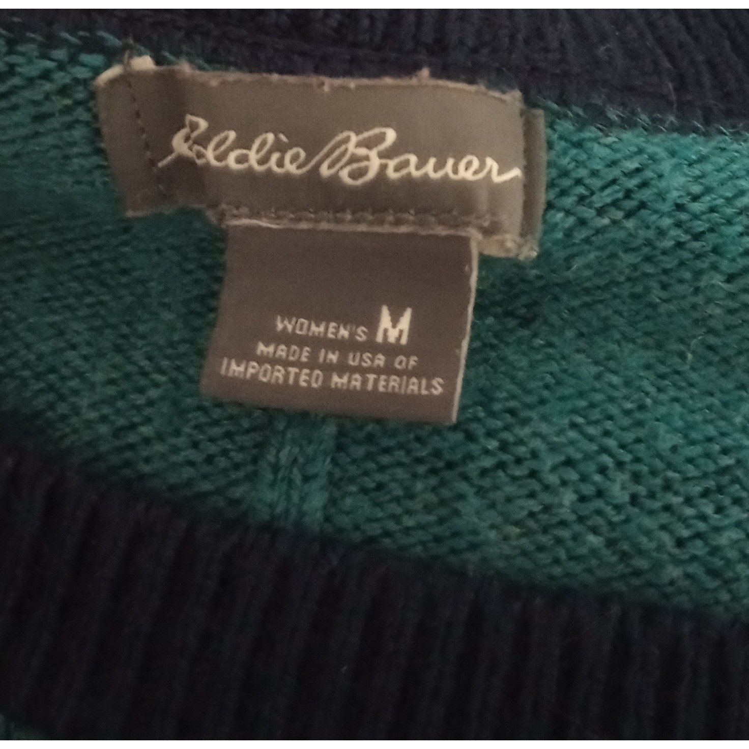 Eddie Bauer Womens Striped Crewneck Sweater Navy Teal Blue Green Knit Size M