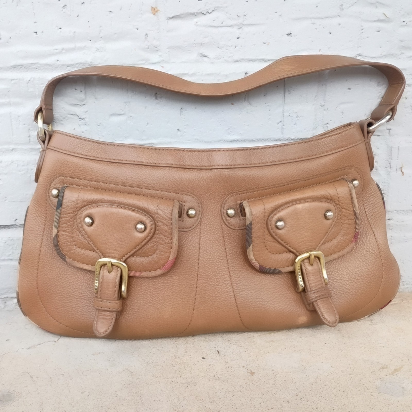 Burberry Vintage Brown Leather Pocket Shoulder Bag Nova Check Trim Y2K
