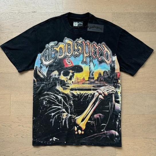 NEW Mens Godspeed Skeleton print Short Sleeve Tee Street Rock Style T-Shirt