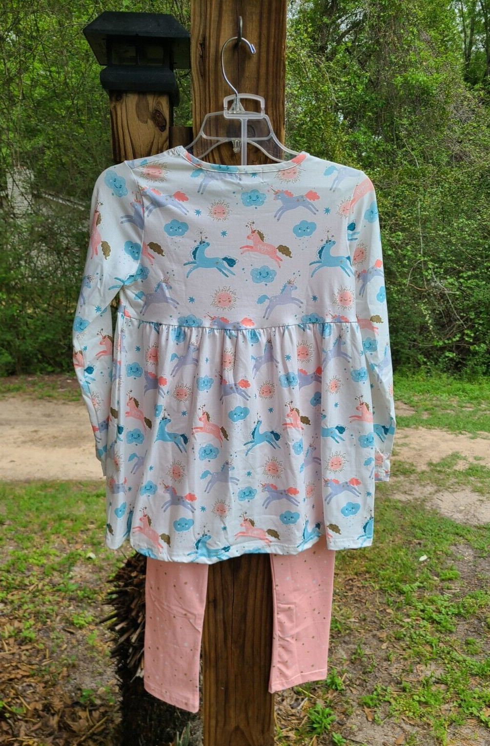 Pete and Lucy Coral, Blue & White Unicorn Sky Print Pant Set Sz 10-12 Girls New