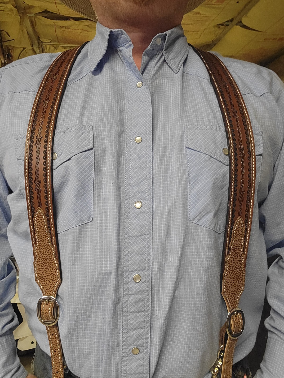 leather cowboy Western Barbrd Wire suspenders