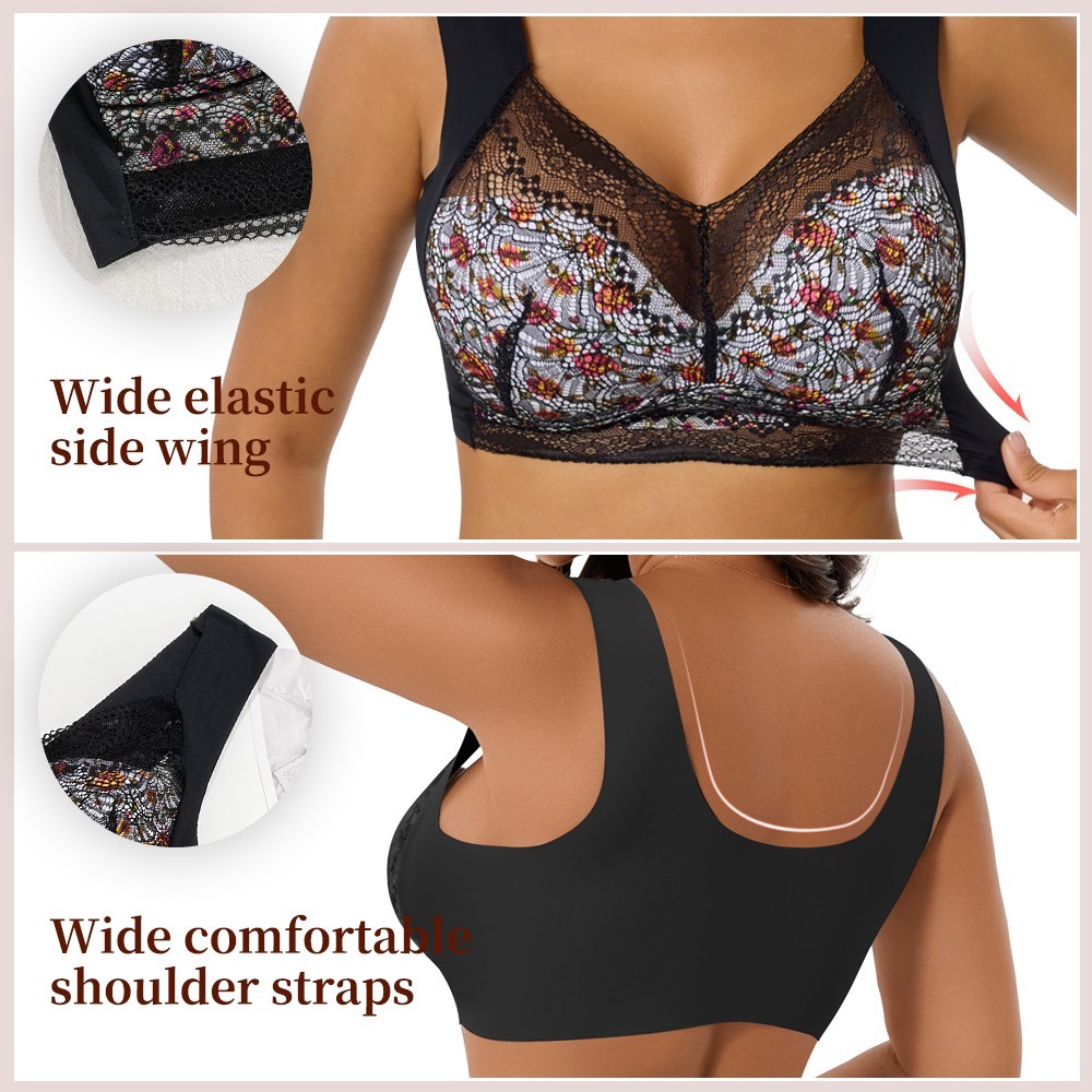 Floral Lace Wireless Full Coverage Bra Wide Strap Plus Size Comfort Bralette