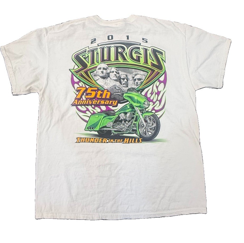 2015 Gildan Sturgis 75th Anniversary Thunder In The Hills White T-Shirt Mens XL