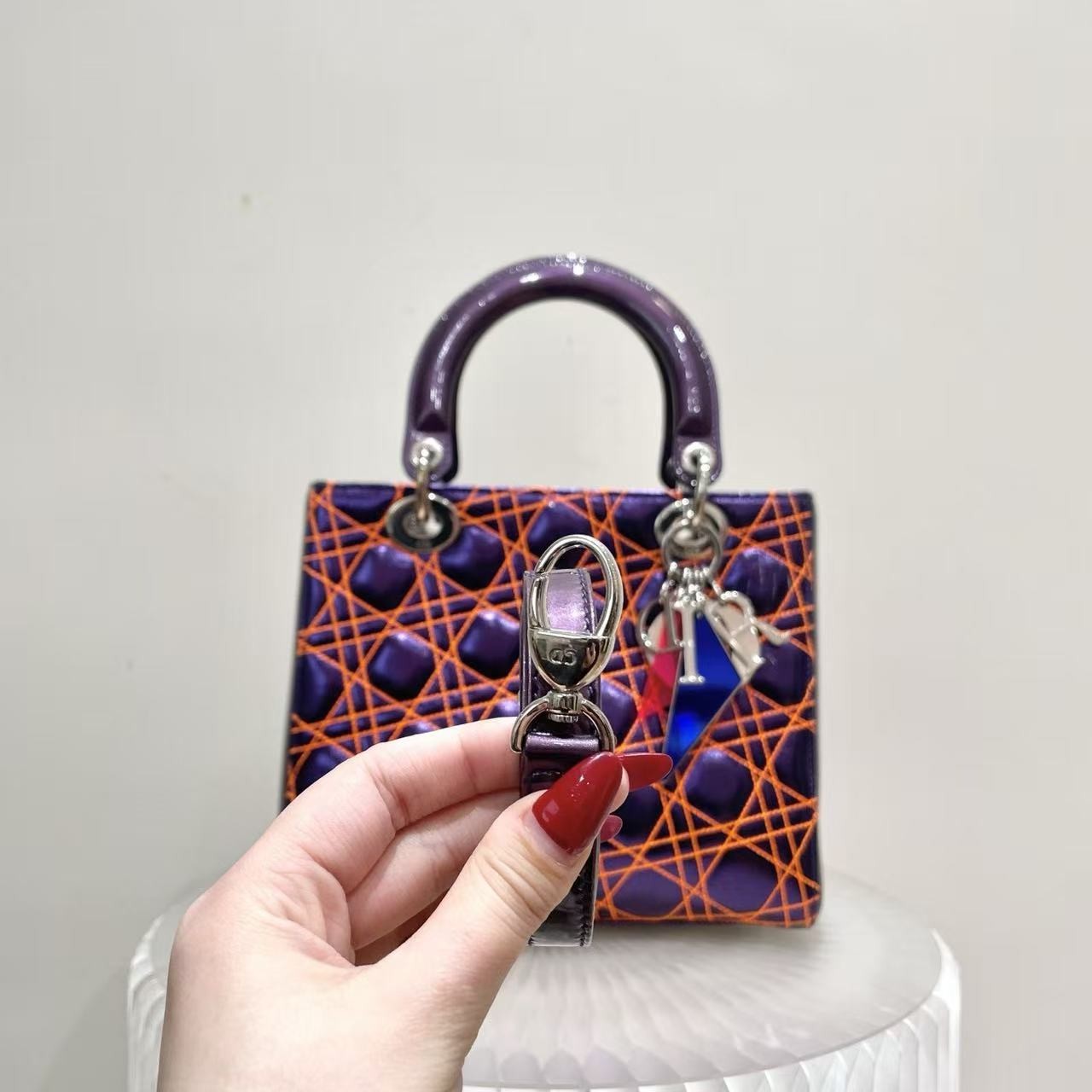 Dior Lady Dior Small Blue Calfskin Orange Stitching Cannage Handle/Crossbody Bag