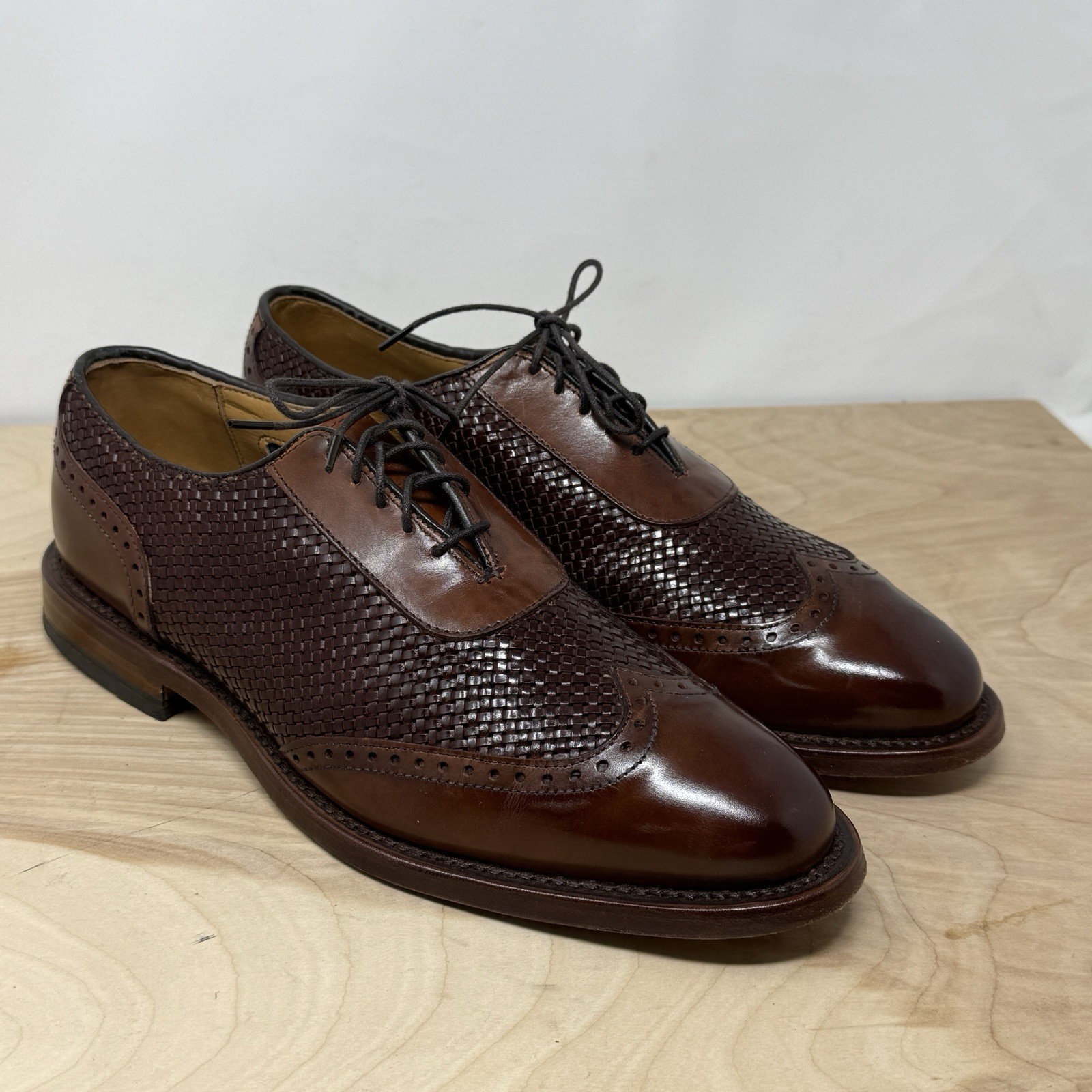 ALLEN EDMONDS SHOES 7.5 D HAMPSTEAD BROWN BASKET WEAVE LACE UP