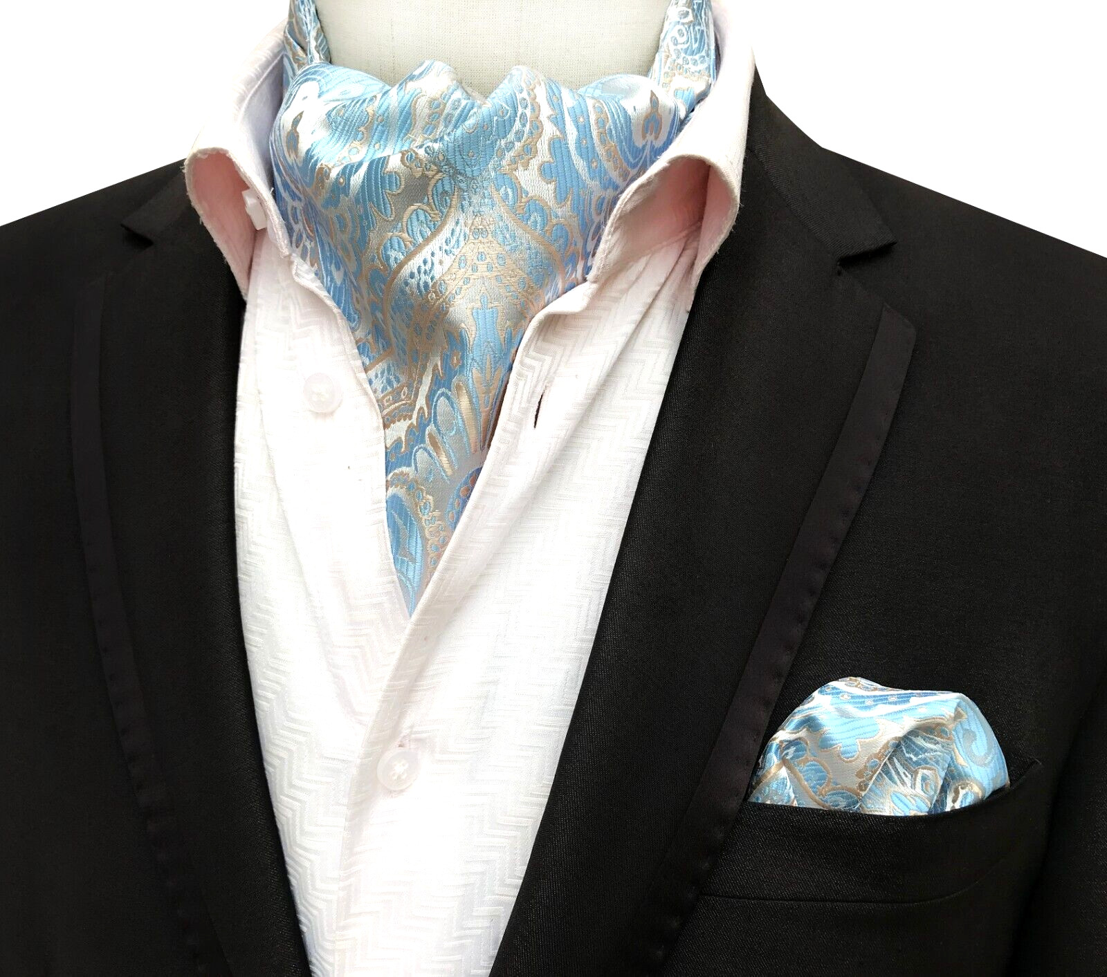 Classic Men’s Ascot Cravat Tie Silk Paisley Blue Silver Scarf Cravat Hanky Set