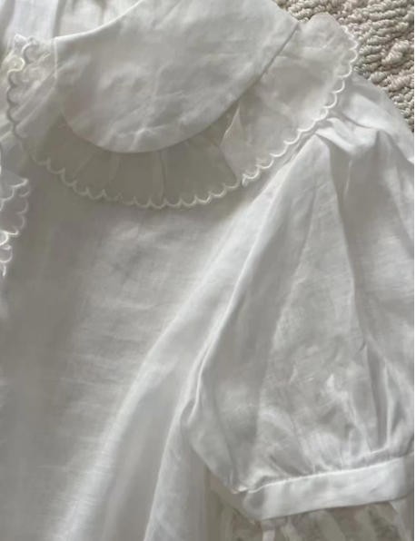 Women Doen Collared Lace Contrasting Puff Sleeve Blouse Top