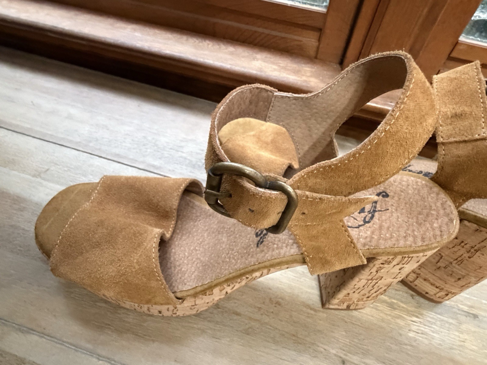 Free People Spain Camel Suede Cork Platform Block Heel Sandals EU 40 (US 9-9.5)