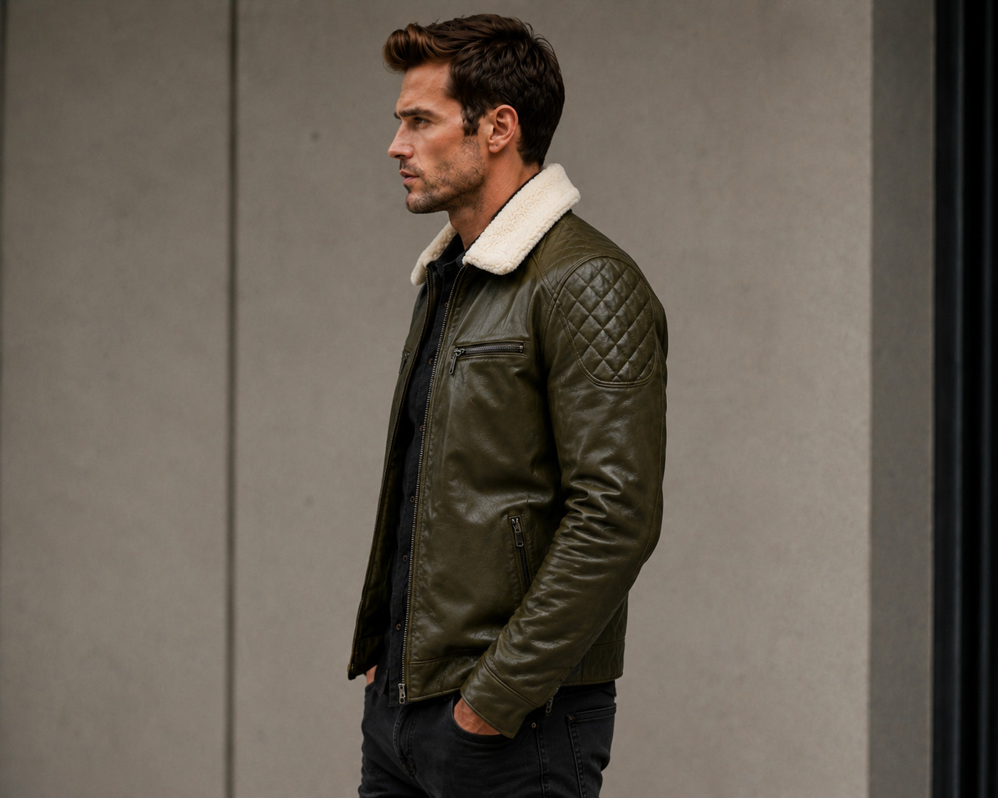 Men’s Green Leather Jacket – Faux Shearling Collar – Quilted Biker – Bomber Zip
