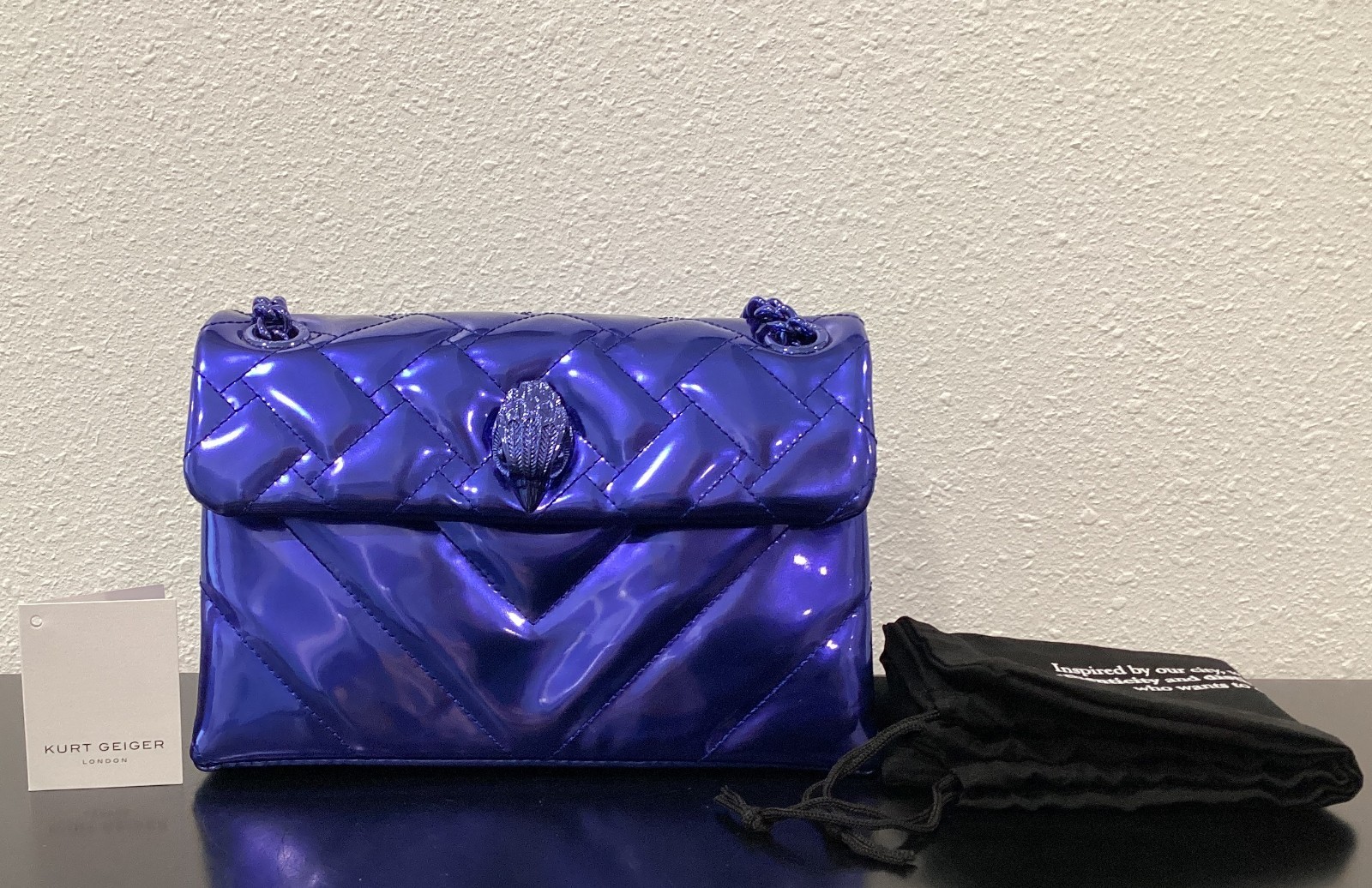 Kurt Geiger Medium Kensington 8.75″ x 5.5″ x 3″ Drench Metallic Leather Blue New