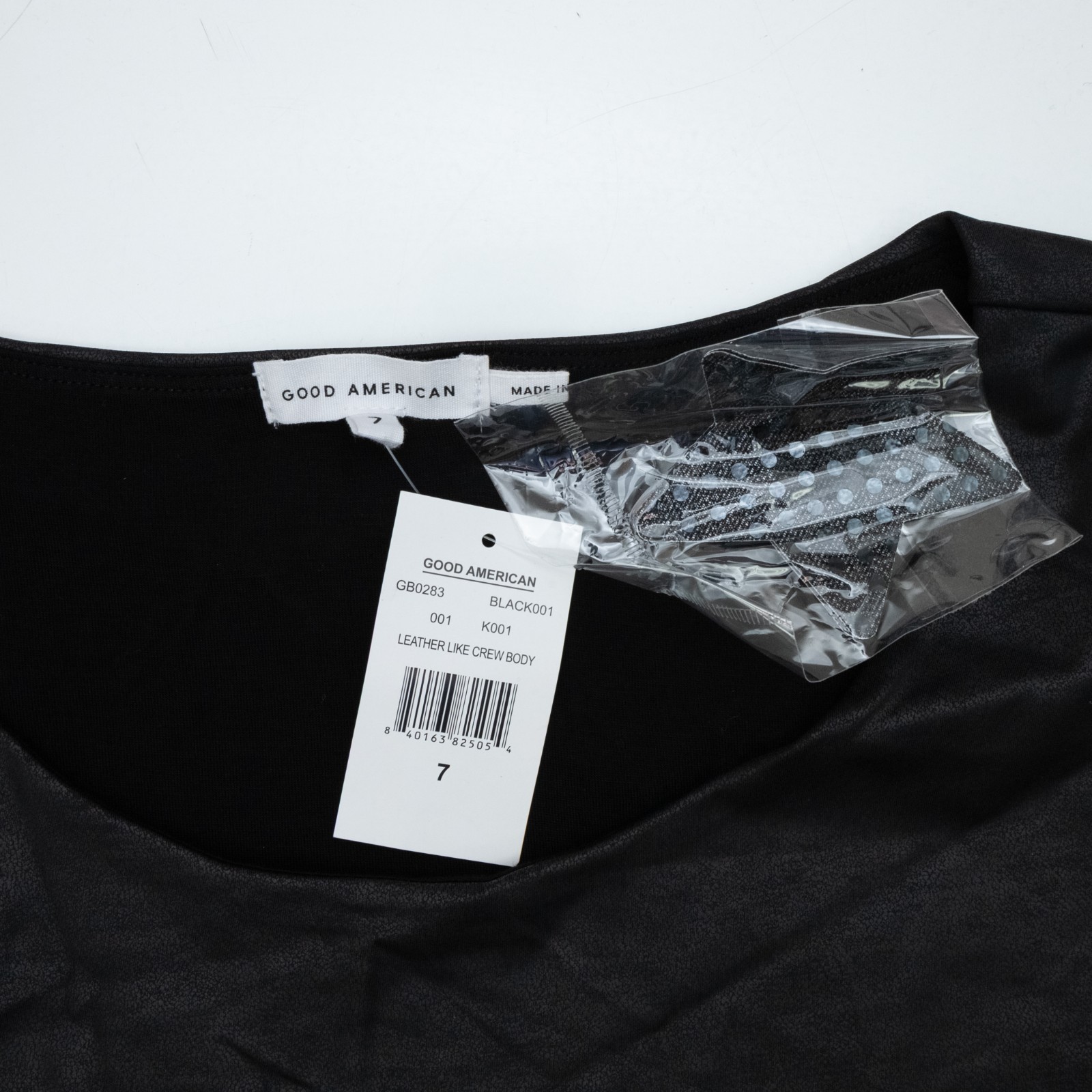 GOOD AMERICAN Leather‑Like Crewneck Long Sleeve Bodysuit Black Size 7 NWT