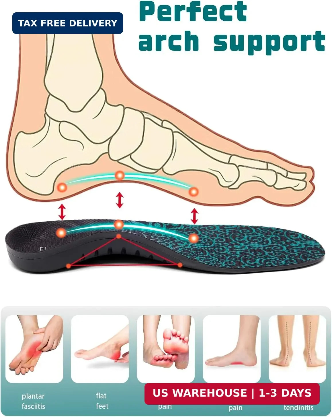 Plantar Fasciitis Insoles Heavy Duty High Arch Support Flat Feet Shoe Insert