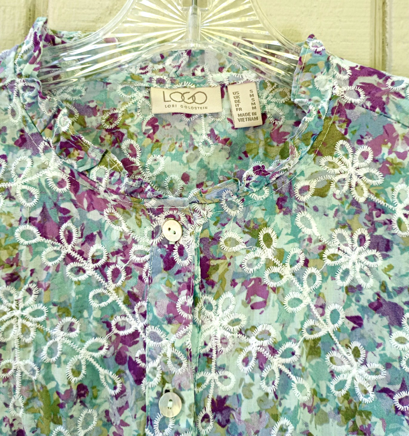 LOGO Size S Floral Lace Eyelet Cotton Gathered Long Sleeve Top Button-Up Women