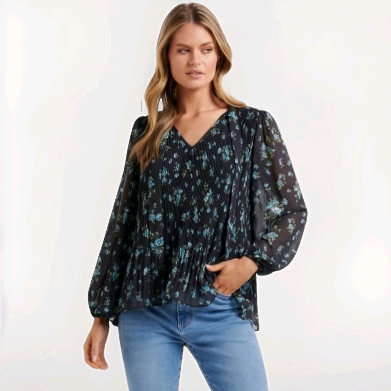 MNG Mango Pleated Floral Blouse Womens 6 Relaxed Necktie Black Cottage Romantic