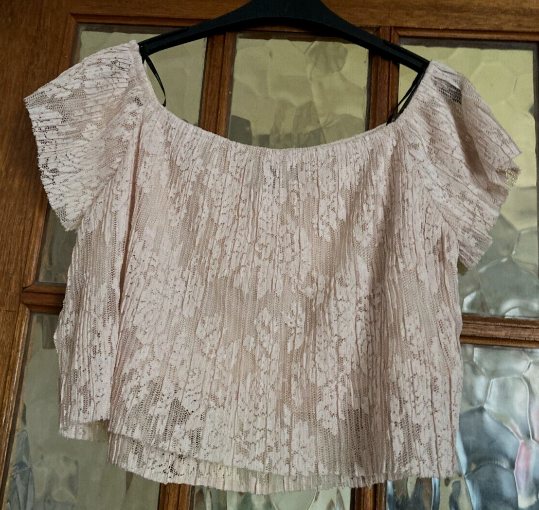 VGC Ladies FOREVER 21 Ecru CHAMPAGNE Sepia OYSTER LACE Off The Shoulder Blouse L