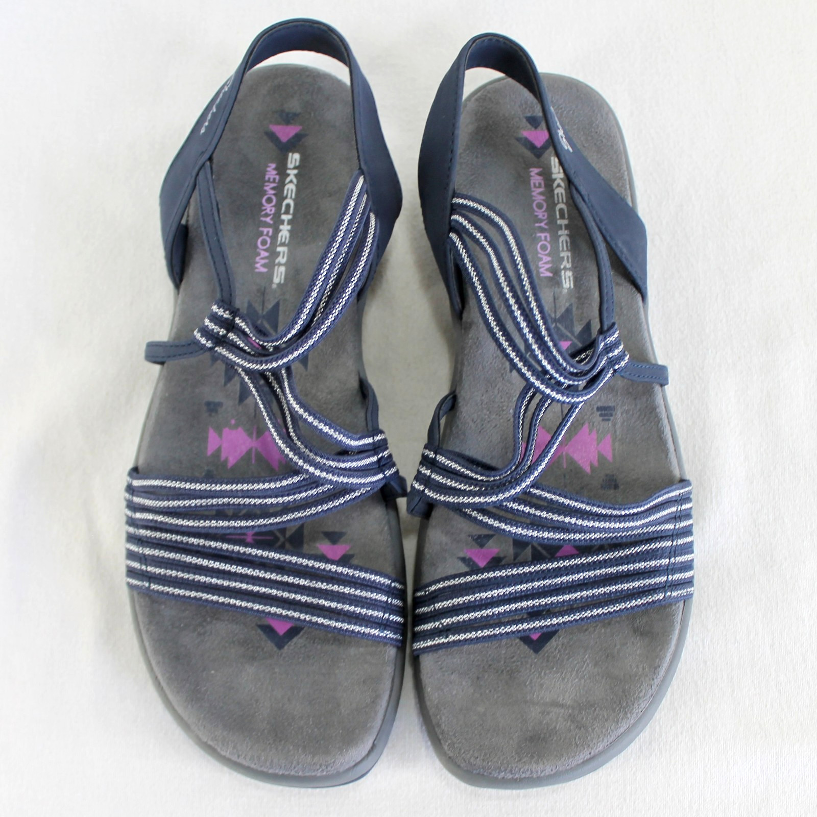 Skechers Reggae Slim Stretch Slinky Sandals Womens Size 9 Navy Silver Strappy