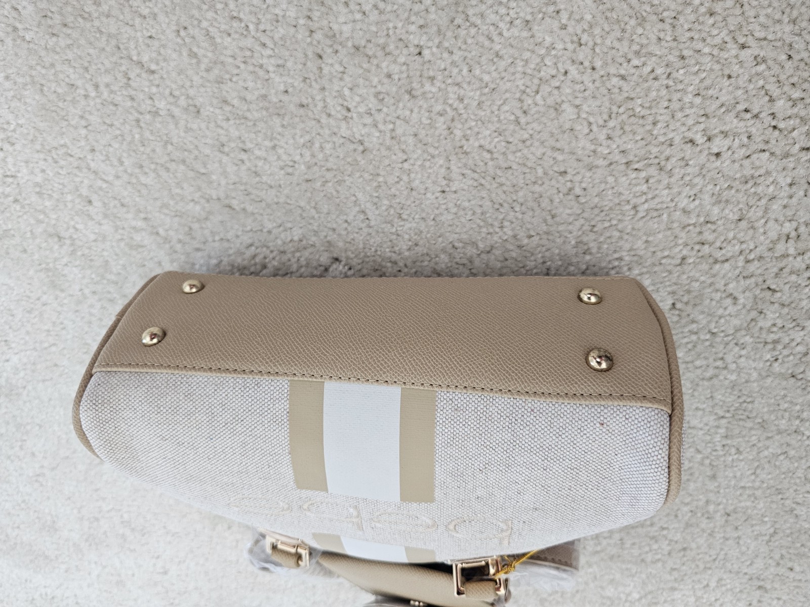 bebe Beige Logo Crescent Satchel Top Handle Zip Gold Hardware Detachable Strap