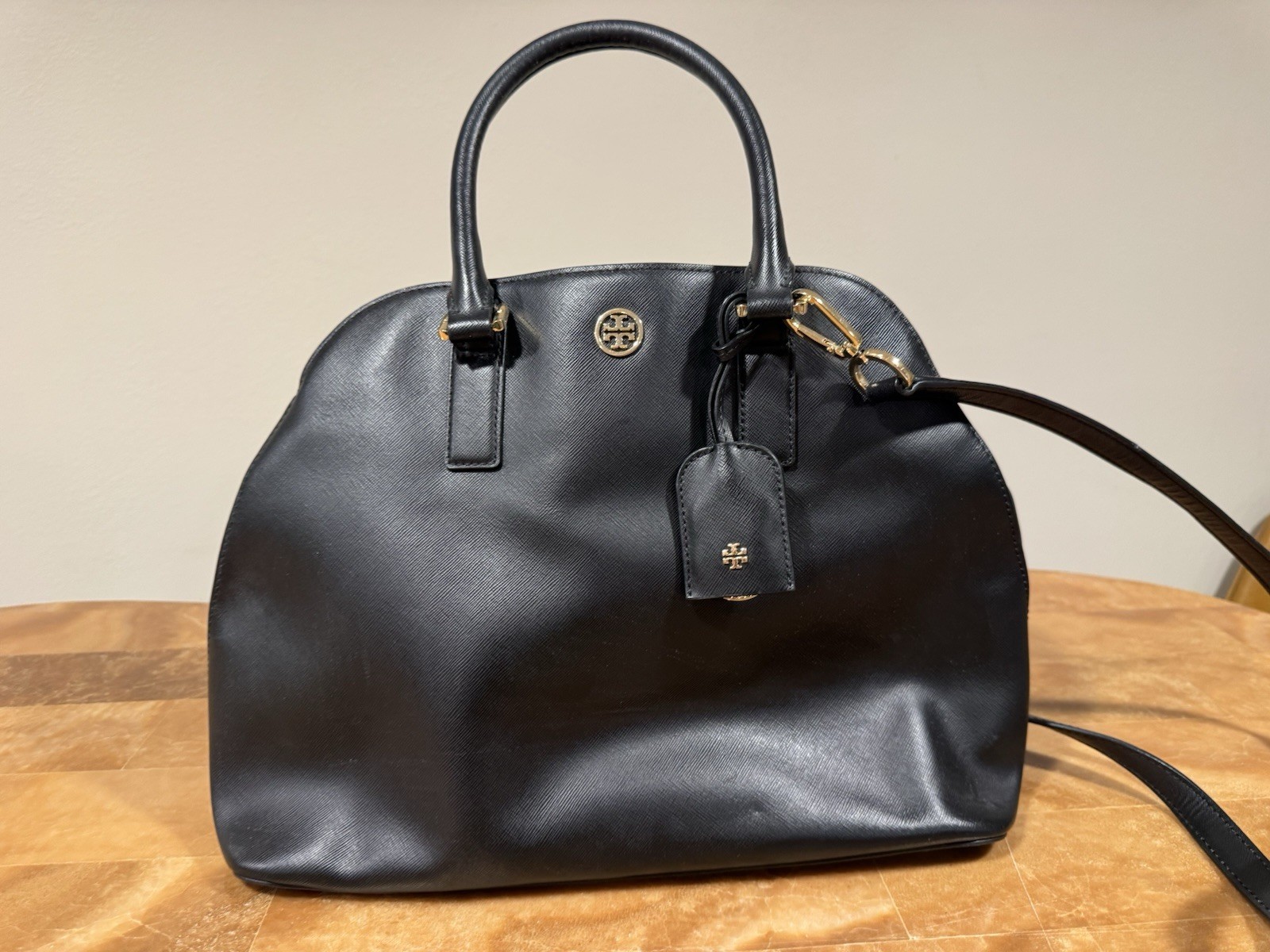 Tory Burch Small Black Saffiano Leather Top Handle Bag Dome Satchel Purse Gold
