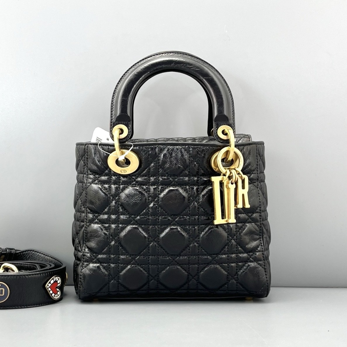 AUTH DIOR Lady Dior My ABCDior Small Black Leather Gold HW Bag