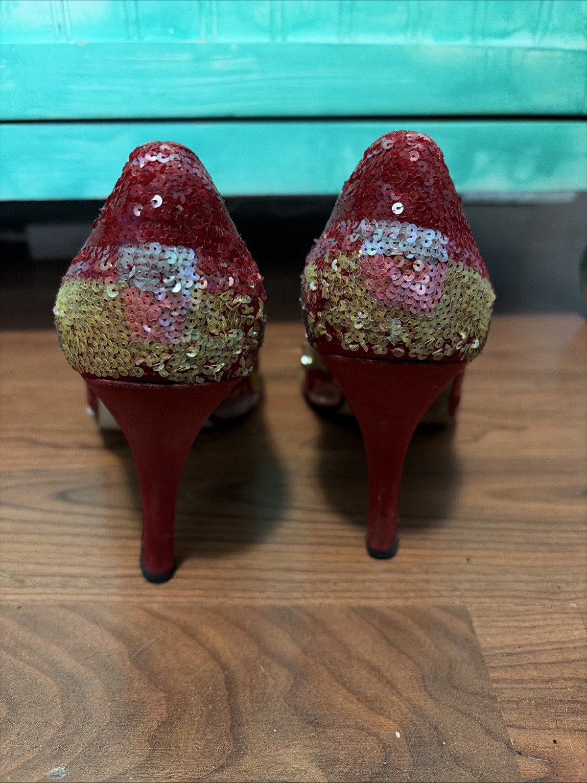 Caparros brand multi-colored sequined peep-toe heels