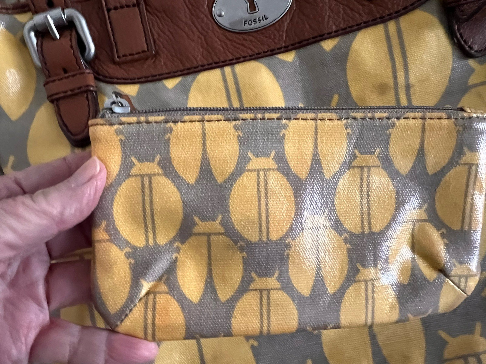 Fossil Key Per Yellow Coated Canvas Leather Trim Ladybug Printed Tote Bag