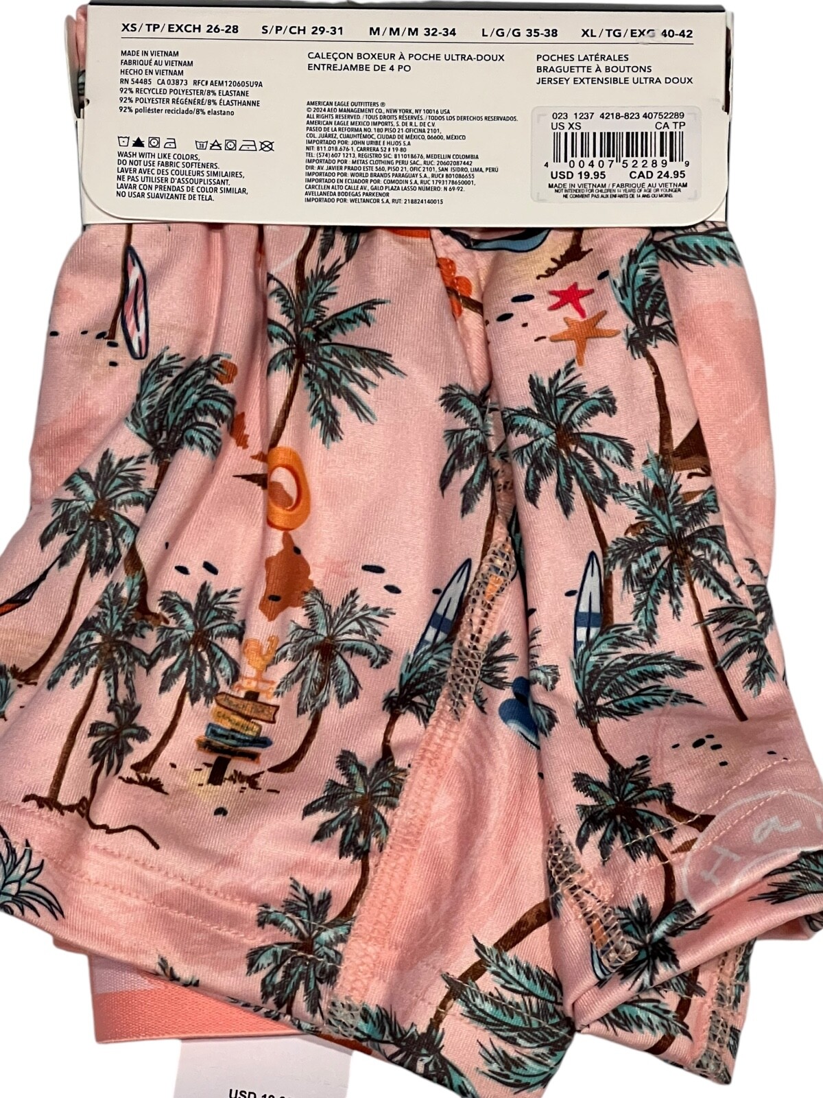 NWT AMERICAN EAGLE Ultra Soft Pocket Boxer Sz XS-S-M-L-XL Pink Palm Trees #78