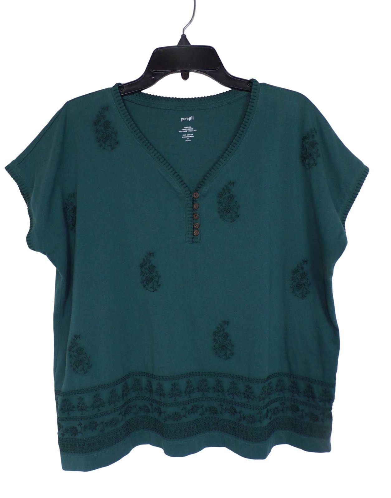 Size M Petite PM J Jill Dark Green Teal Embroidered V Neck Tee Top Boxy Shirt