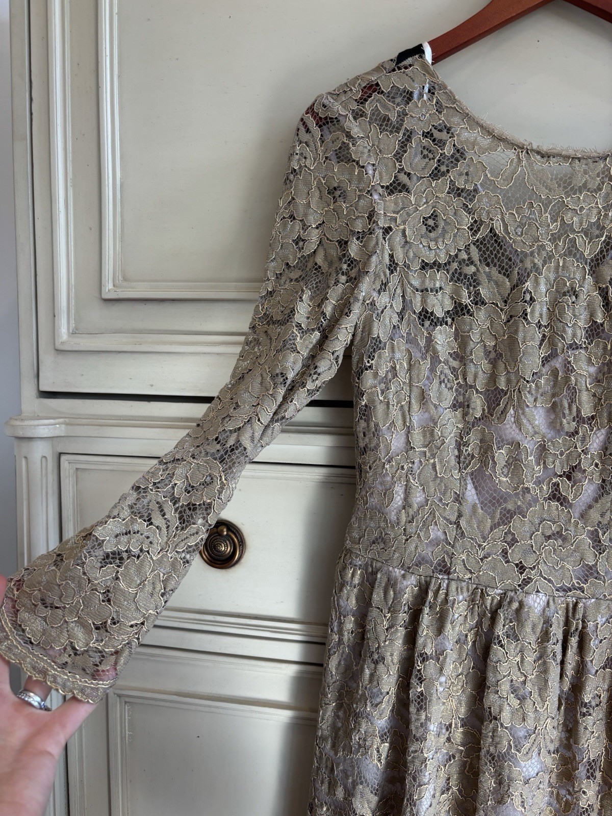 Boden Gold Lace Overlay Party Cocktail Dress Size 4 3/4 Sleeve Formal Lined