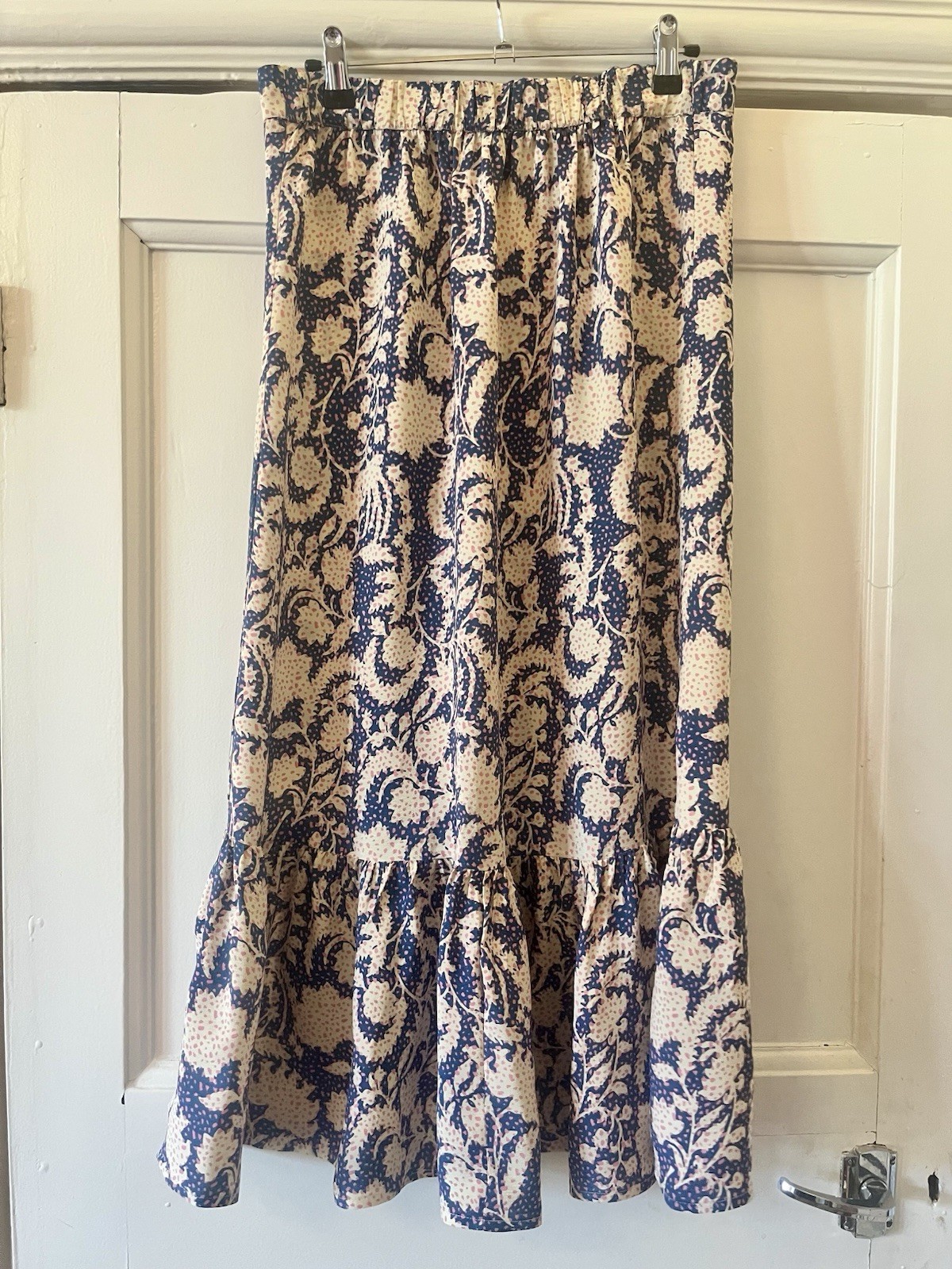 White Stuff Blue White Pink Paisley Floral Print Midi Skirt Frill Hem Size 10