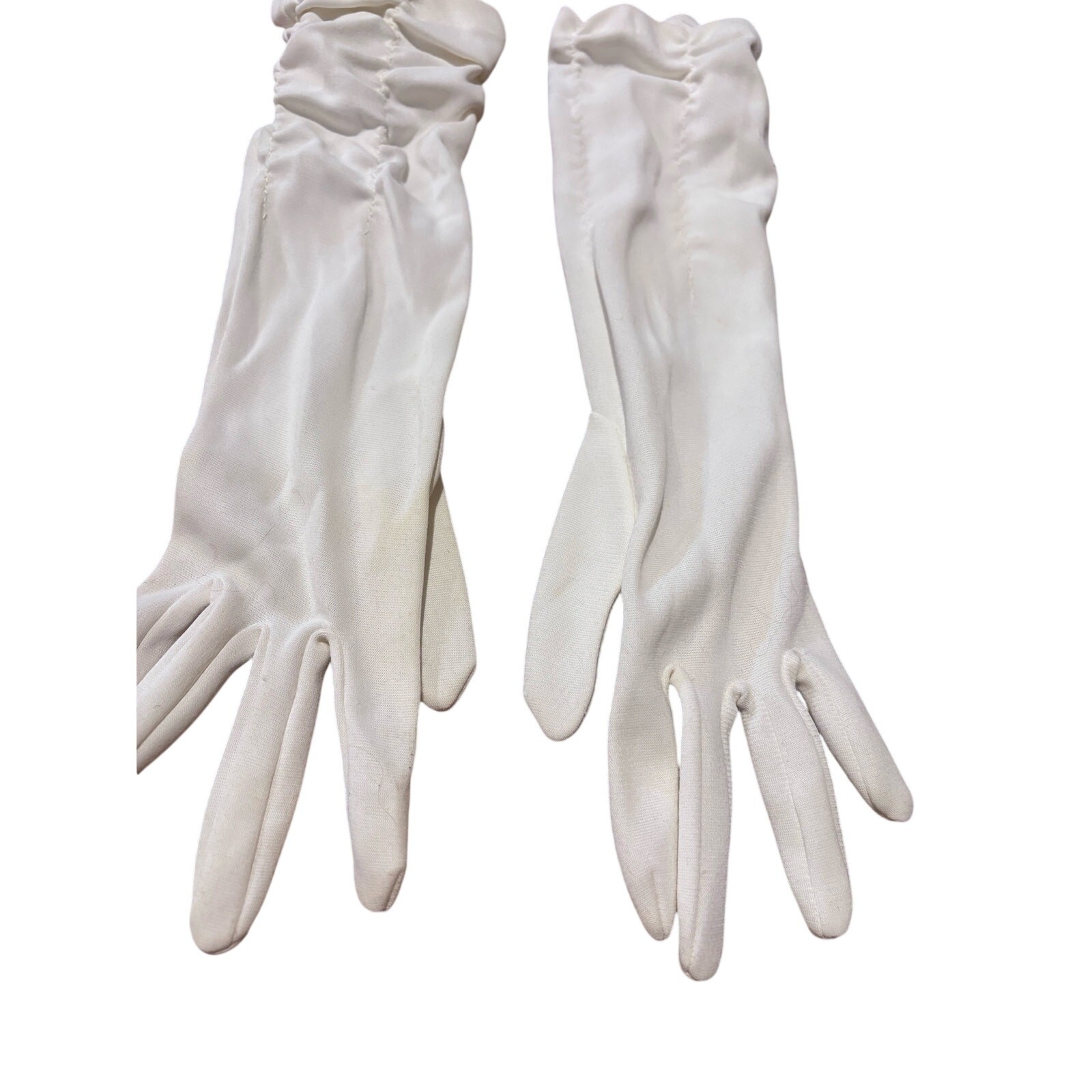 Vintage Ivory Gloves Nylon? Adult Small? Rouched Mid Elbow Mid Century 1950-60s