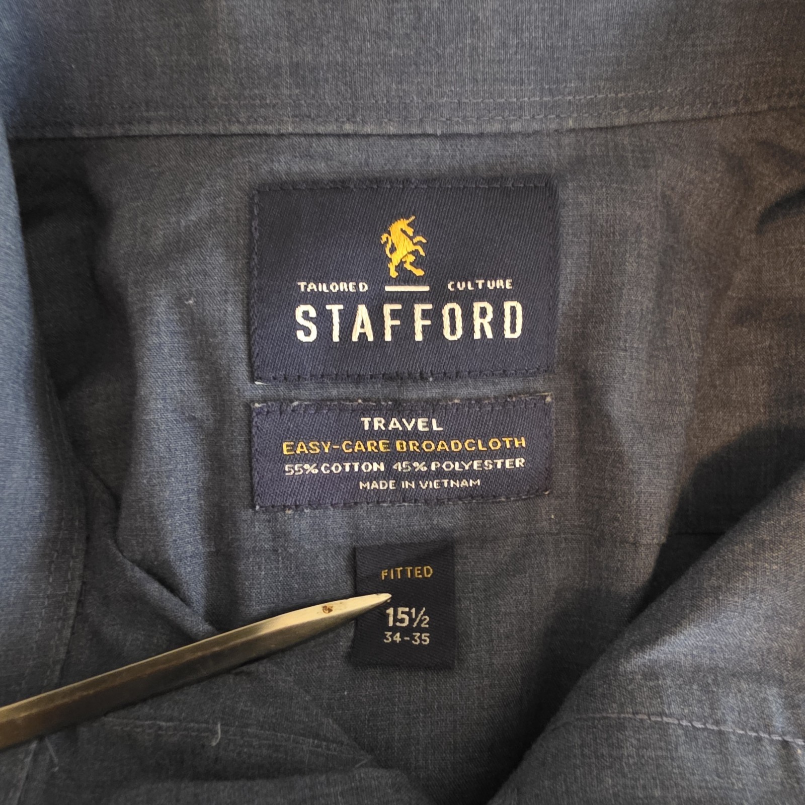 Stafford Travel Shirt Easy Care Broadcloth Blue Chambray Office Mens 15.5-34/35