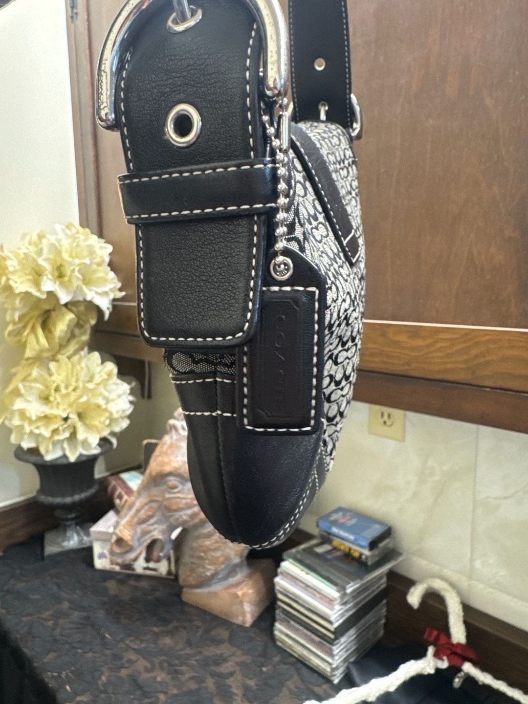 Coach Soho Signature Buckle Flap Bag Black/Grey Canvas 6818
