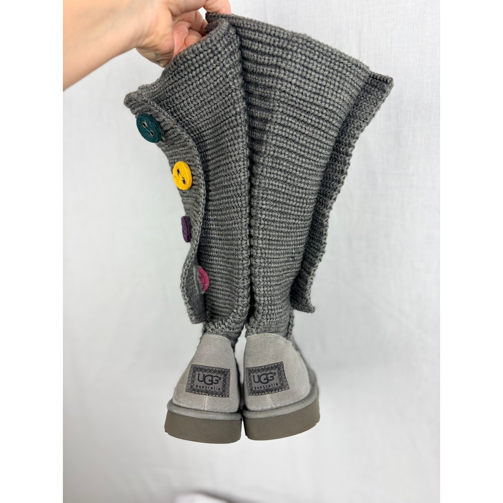 UGG Australia Womens 6 Grey Knit Tall Colorful Buttons Suede Flat Grey Boots