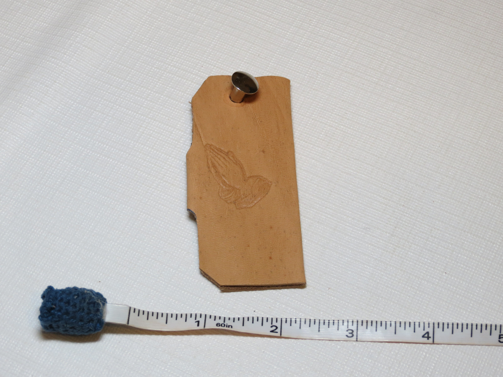Handmade leather key holder light tan with Praying 3.25″ X 1.5″ color varies