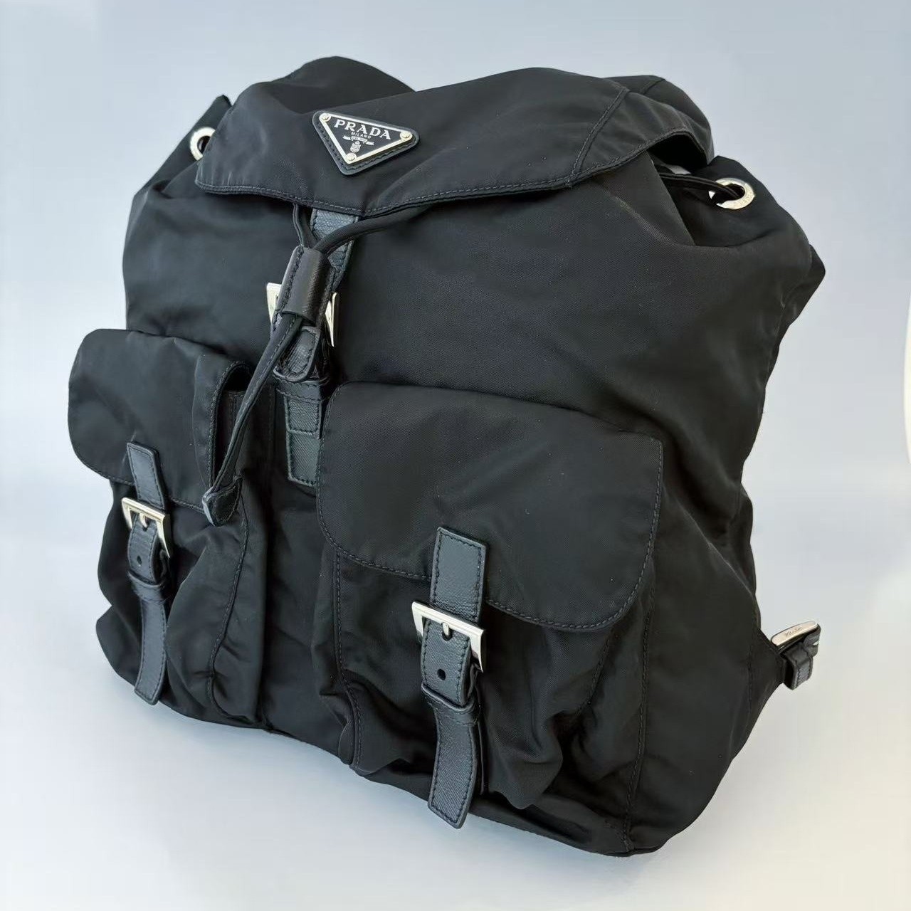 Prada Regular Black Re-Nylon Saffiano Trim Nylon Drawstring Flap Backpack