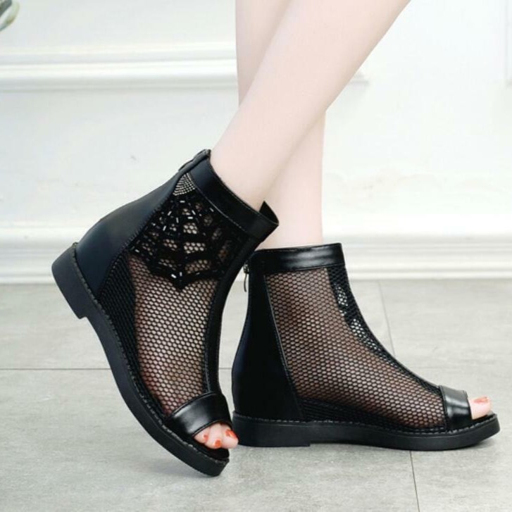 Women’s Roman Sandals Ankle Boots Peep Toe Low Hidden Wedge Heel Mesh Net Shoes