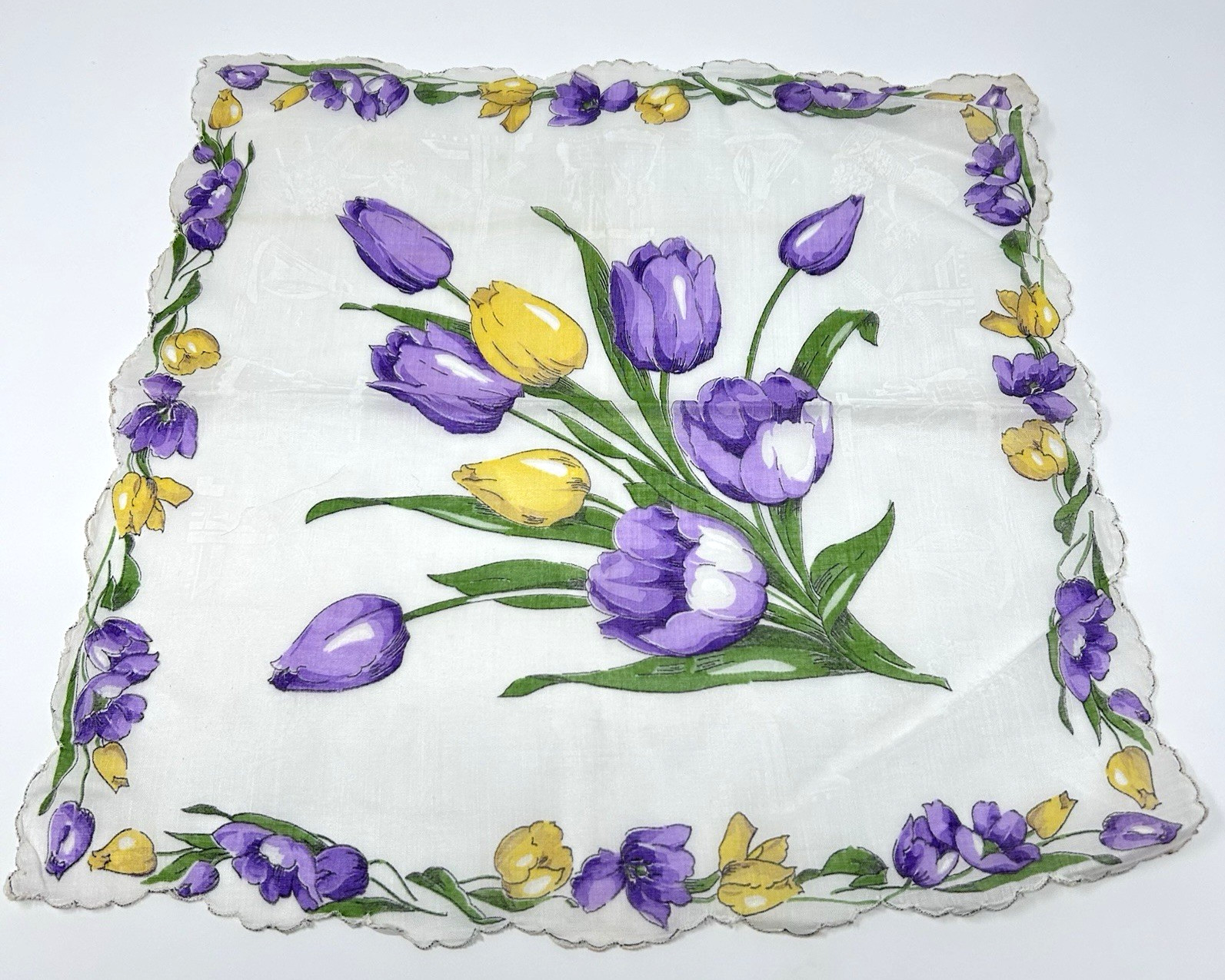 Vintage 1950s Purple Yellow Tulips Handkerchief Dutch Windmill Ship 12.75″