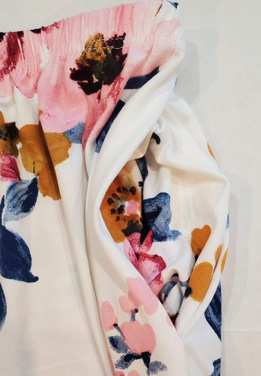 Women’s Top & Pants Set Long Sleeve Pull-On Size 2XL Floral Ivory Pink Blue