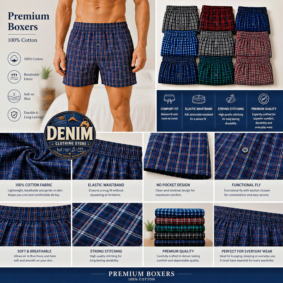 6 Pack Mens Premium Boxers 100% Cotton Underwear Trunk Plaid Shorts Size S~3XL