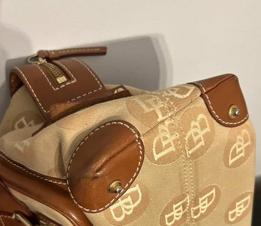 Dooney Bourke Satchel Purse Tan Canvas Leather 2 Front Lock Double Pocket