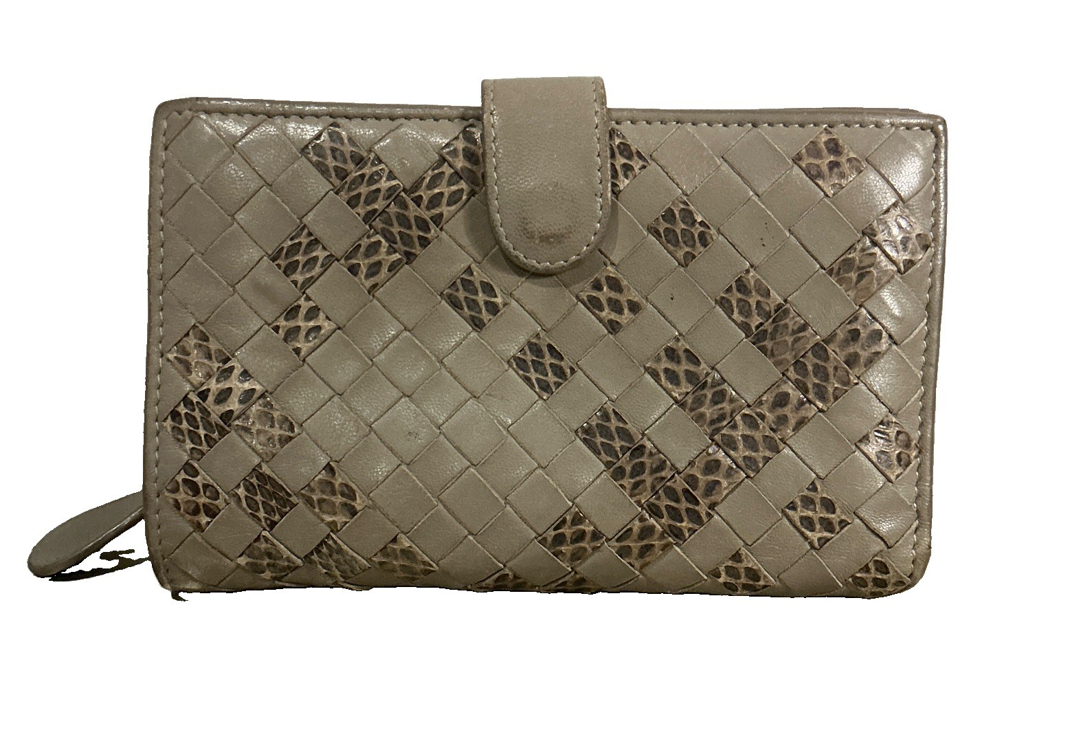 Bottega Veneta Beige Woven Folding Wallet w/ Zipper Coin Pocket & Card Slots