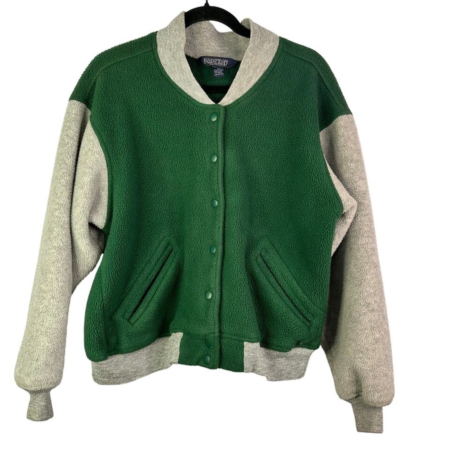 Lands End Spring Varisty Jacket MEDIUM GREEN Snap Cotton Pockets Stretch