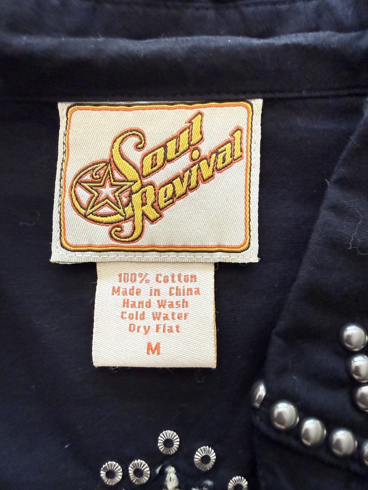 Soul Revival Black Cotton Western Snap Shirt Rhinestone Studs Embroidered M